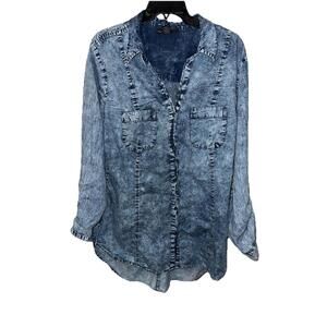 Ashley Stewart Womens Button Up Denim Shirt Sz  14 Chambray Y2K 80s Cotton Artsy